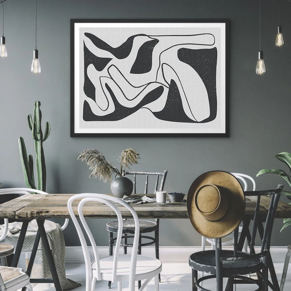 Póster en marco negro - Abstracción en blanco y negro con formas orgánicas. - 70x50cm - Juego abstracto en un laberinto - Decoración de pared moderna para salón y dormitorio ARTTOR