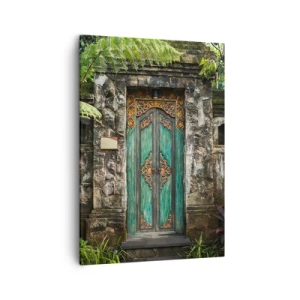 Cuadro sobre lienzo - Impresión de Imagen - Puertas decorativas rodeadas de vegetación tropical. - 50x70cm - Una puerta a un mundo exótico - Decoración de pared moderna para salón y dormitorio ARTTOR