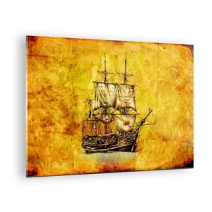 Cuadro sobre vidrio - Impresiones sobre Vidrio - Un velero histórico sobre el fondo de un pergamino estilizado. - 70x50cm - ¡Rumbo a la isla Tortuga! - Decoración de pared moderna para salón y dormitorio ARTTOR
