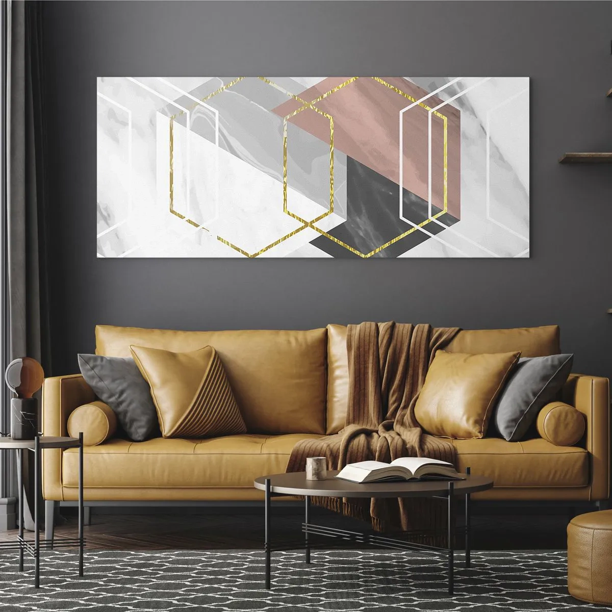 Cuadro sobre vidrio - Impresiones sobre Vidrio - Figuras geométricas con acentos dorados y de mármol. - 140x50cm - Composición en cadena - Decoración de pared moderna para salón y dormitorio ARTTOR