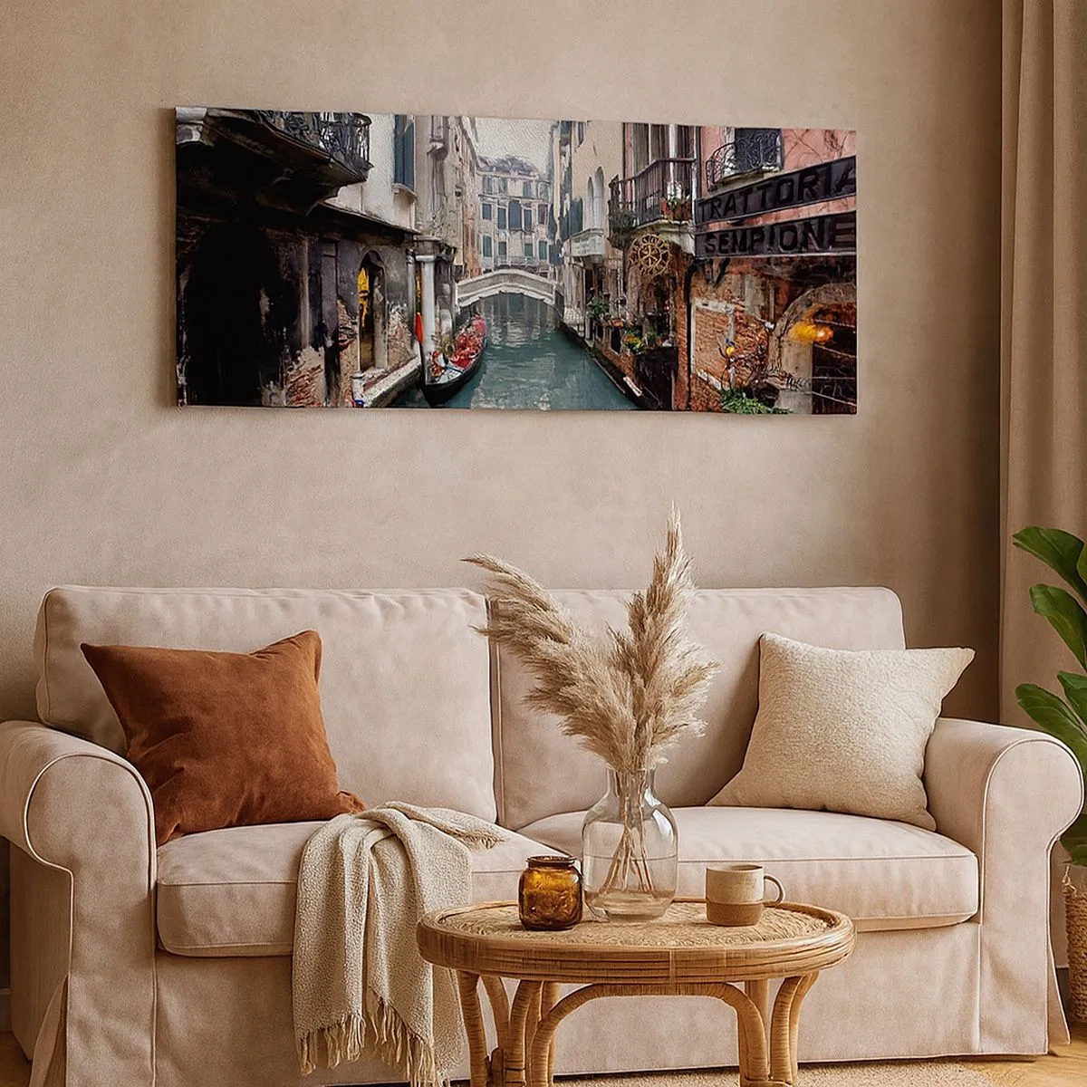 Cuadro sobre lienzo - Impresión de Imagen - Paisaje veneciano con góndola y puente - 100x40 cm
