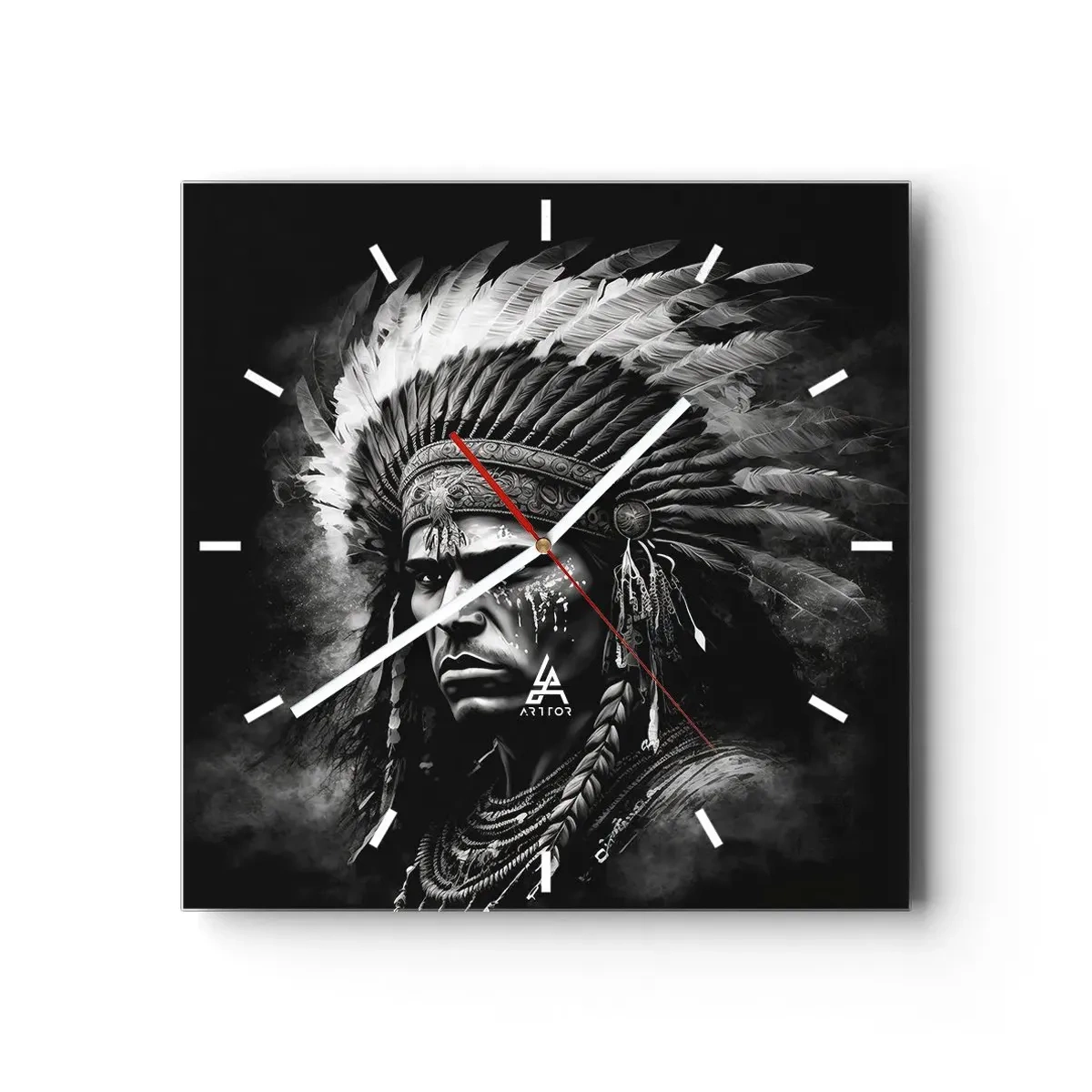 Reloj de pared - Reloj de vidrio - Retrato de un jefe con un tocado de plumas sobre un fondo negro - 30x30cm - Líder y guerrero - Decoración de pared moderna para salón y dormitorio ARTTOR