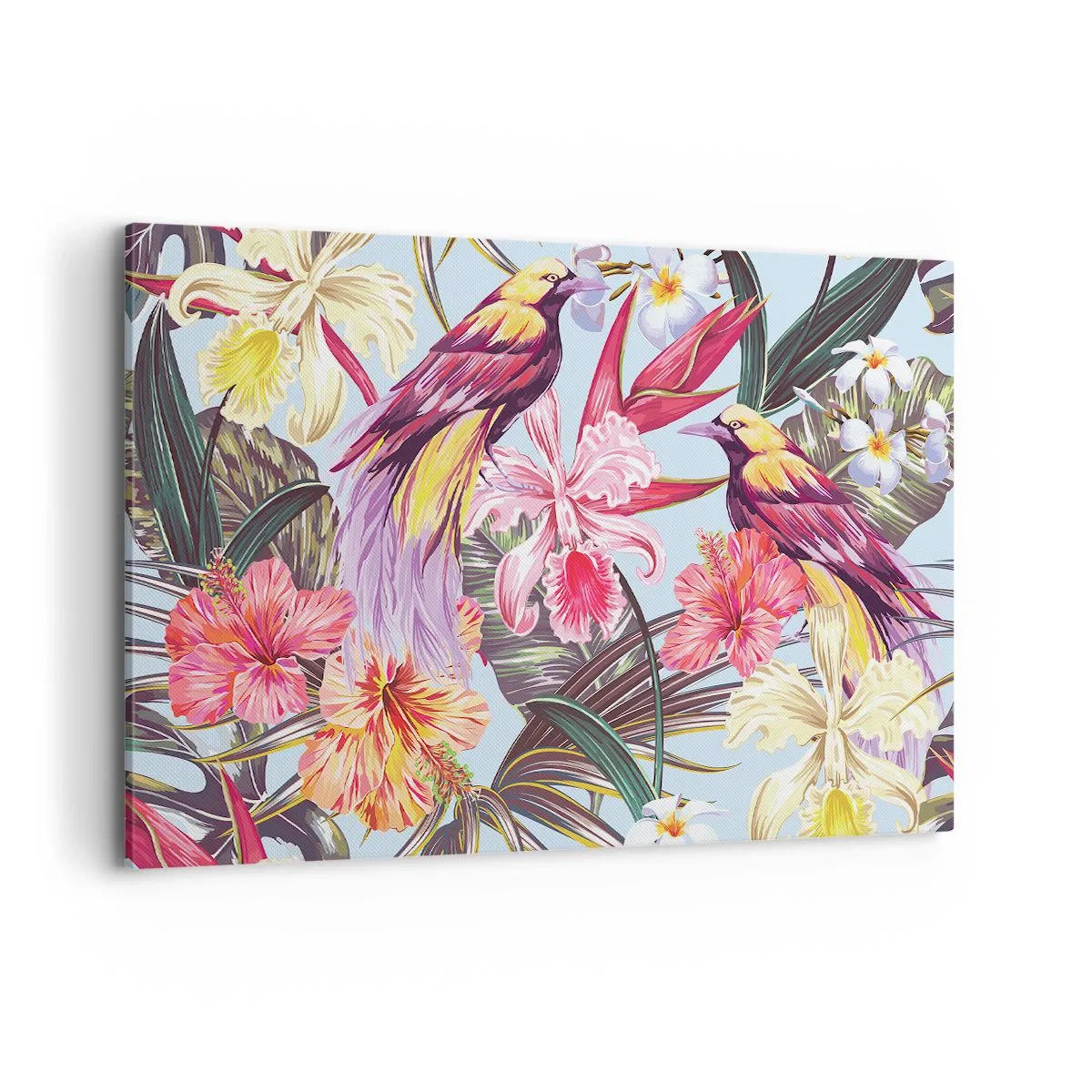 Cuadro sobre lienzo - Impresión de Imagen - Aves exóticas entre flores tropicales - 120x80cm - Pétalos y plumas - Decoración de pared moderna para salón y dormitorio ARTTOR
