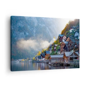 Cuadro sobre lienzo - Impresión de Imagen - Un pueblo de montaña junto a un lago en un paisaje otoñal. - 70x50cm - Ambiente alpino - Decoración de pared moderna para salón y dormitorio ARTTOR
