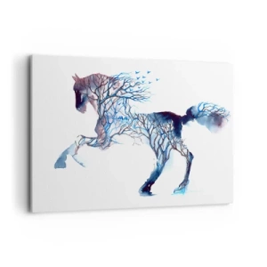 Cuadro sobre lienzo - Impresión de Imagen - Gráfico artístico de caballo con motivos de árboles y pájaros. - 100x70cm - El bosque en movimiento - Decoración de pared moderna para salón y dormitorio ARTTOR