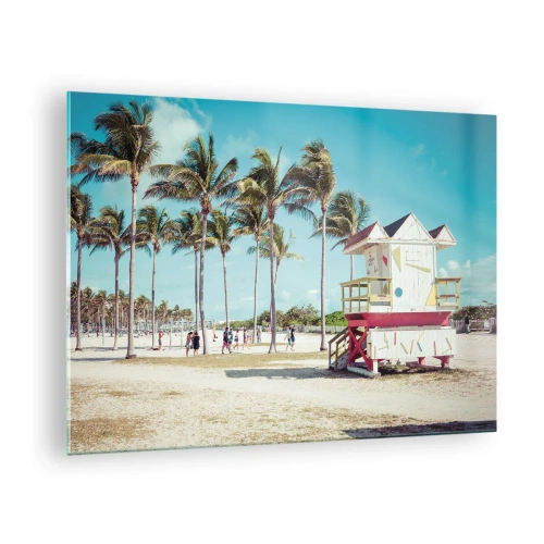 Cuadro sobre vidrio - Impresiones sobre Vidrio - Una playa con palmeras y una torre de salvavidas en un día soleado. - 70x50cm - Un hermoso día por delante - Decoración de pared moderna para salón y dormitorio ARTTOR