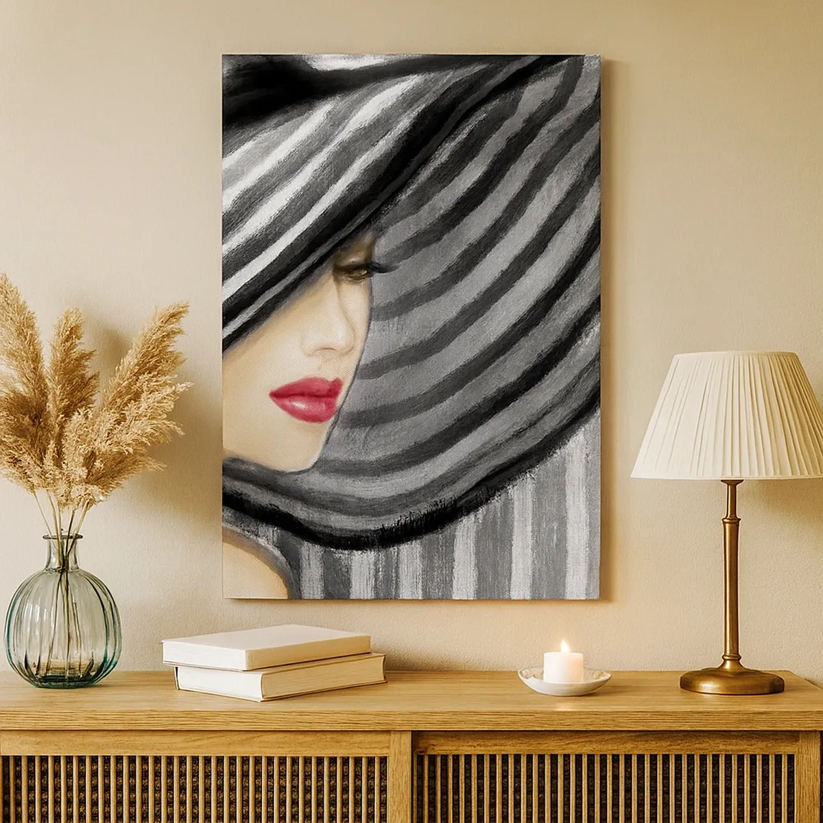 Cuadro sobre lienzo - Impresión de Imagen - Mujer con un sombrero blanco y negro con acento rojo. - 50x70cm - ¿Dónde puedo encontrarte? - Decoración de pared moderna para salón y dormitorio ARTTOR