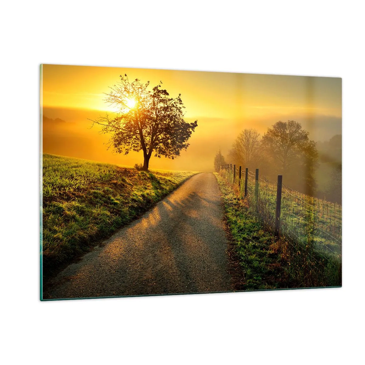 Cuadro sobre vidrio - Impresiones sobre Vidrio - Un camino a través de un paisaje rural al atardecer. - 120x80cm - Tarde melosa - Decoración de pared moderna para salón y dormitorio ARTTOR