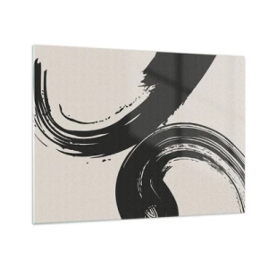 Cuadro sobre vidrio - Impresiones sobre Vidrio - Pinceladas caligráficas negras y dinámicas sobre un fondo claro. - 70x50cm - Barrido y circular - Decoración de pared moderna para salón y dormitorio ARTTOR