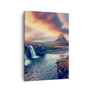 Cuadro sobre lienzo - Impresión de Imagen - Vista de la cascada y la montaña a la luz del sol poniente. - 50x70cm - En la majestuosidad de la naturaleza - Decoración de pared moderna para salón y dormitorio ARTTOR