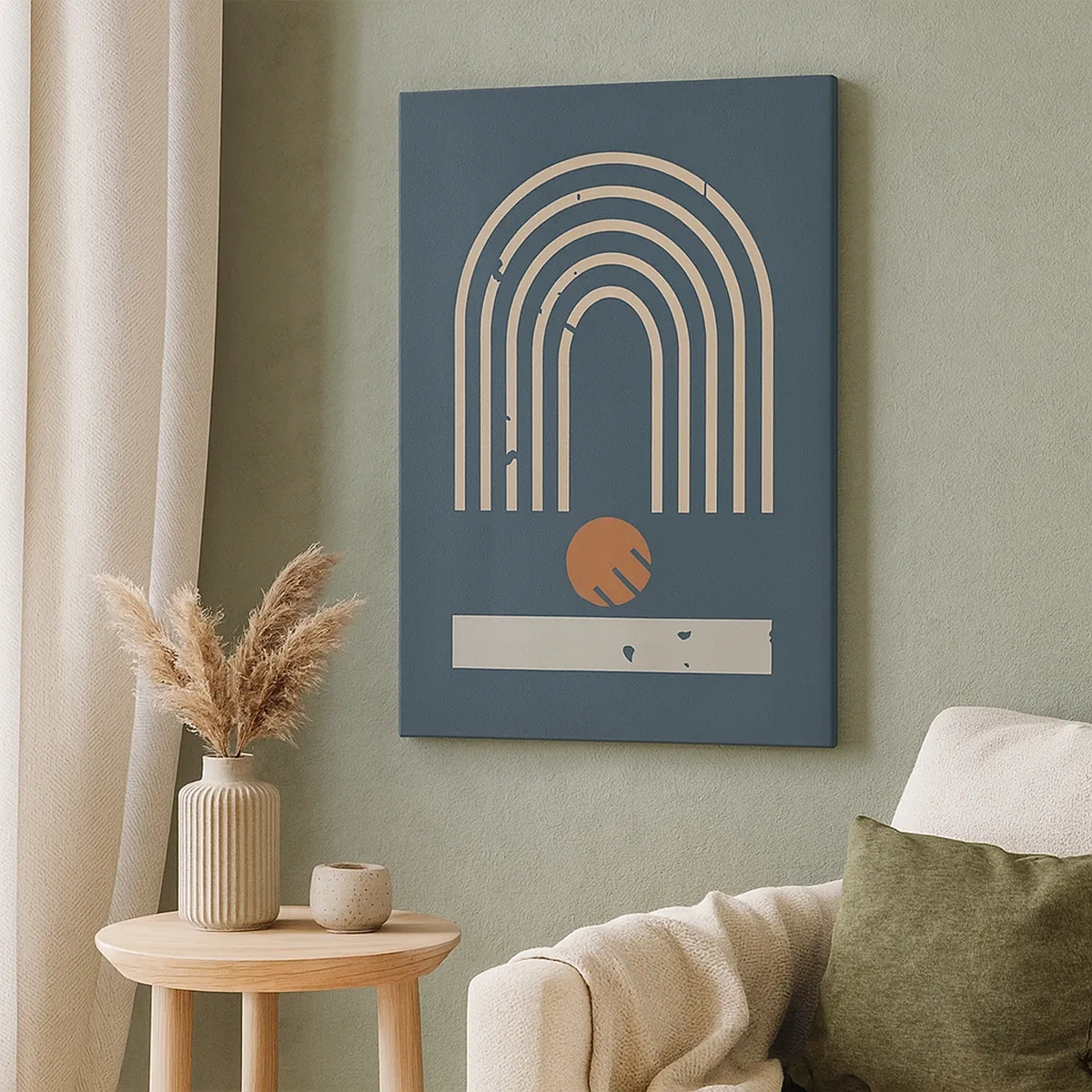 Cuadro sobre lienzo - Impresión de Imagen - Patrón geométrico en tonos azul marino, beige y naranja sobre un fondo oscuro. - 50x70cm - Geometría sobre azul marino - Decoración de pared moderna para salón y dormitorio ARTTOR