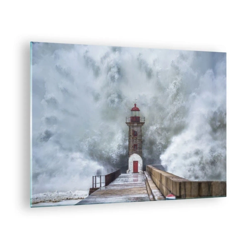 Cuadro sobre vidrio - Impresiones sobre Vidrio - Un faro es golpeado por una poderosa ola. - 70x50cm - El rugido de las aguas, la fuerza del viento - Decoración de pared moderna para salón y dormitorio ARTTOR