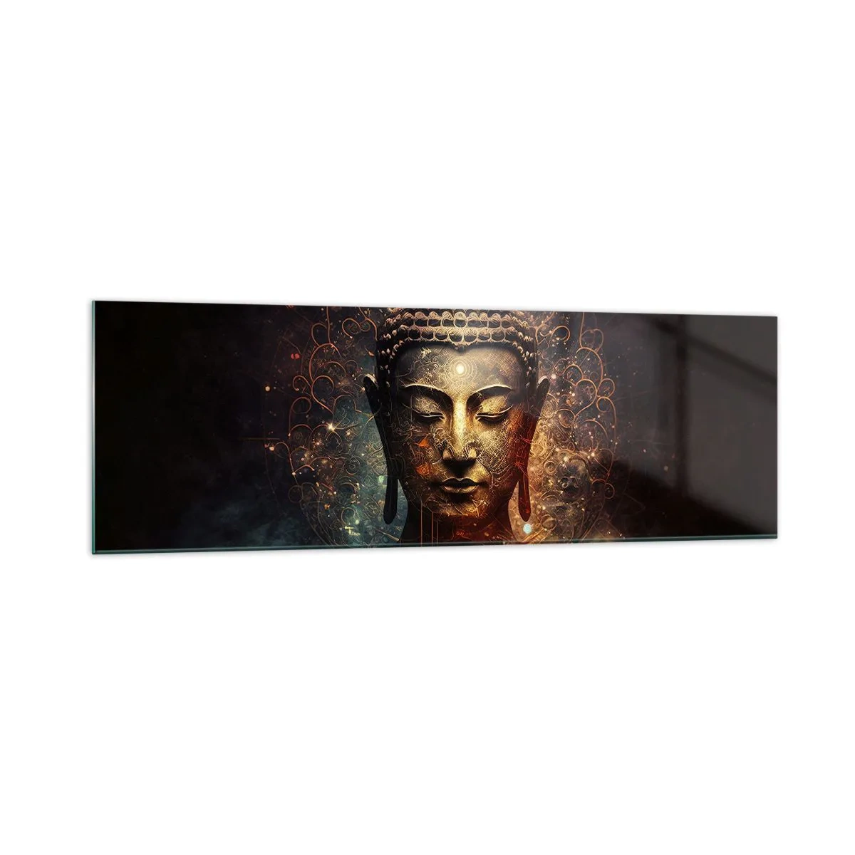 Cuadro sobre vidrio - Impresiones sobre Vidrio - Buda dorado sobre un fondo oscuro con adornos. - 160x50cm - Equilibrio espiritual - Decoración de pared moderna para salón y dormitorio ARTTOR