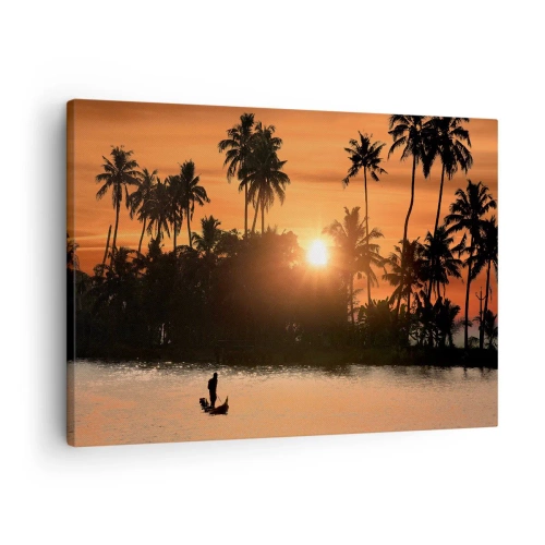 Cuadro sobre lienzo - Impresión de Imagen - Puesta de sol sobre palmeras y un lago tranquilo con un barco. - 70x50cm - Tiempo de descanso - Decoración de pared moderna para salón y dormitorio ARTTOR