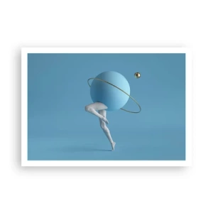 Póster - Una esfera azul con una órbita y piernas humanas contra el cielo. - 100x70cm - Y los planetas se vuelven locos - Decoración de pared moderna para salón y dormitorio ARTTOR
