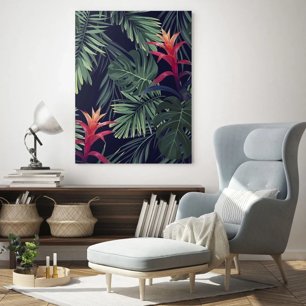 Cuadro sobre vidrio - Impresiones sobre Vidrio - Hojas y flores exóticas sobre un fondo oscuro. - 50x70cm - Encender el color verde - Decoración de pared moderna para salón y dormitorio ARTTOR