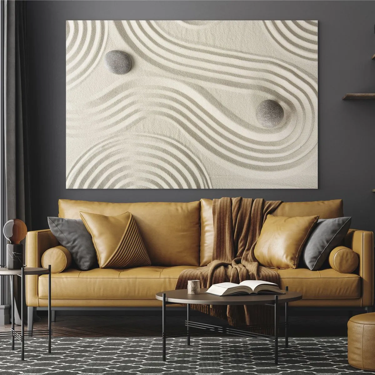 Cuadro sobre vidrio - Impresiones sobre Vidrio - Arena minimalista con piedras y patrones geométricos. - 120x80cm - Un toque de calidez - Decoración de pared moderna para salón y dormitorio ARTTOR