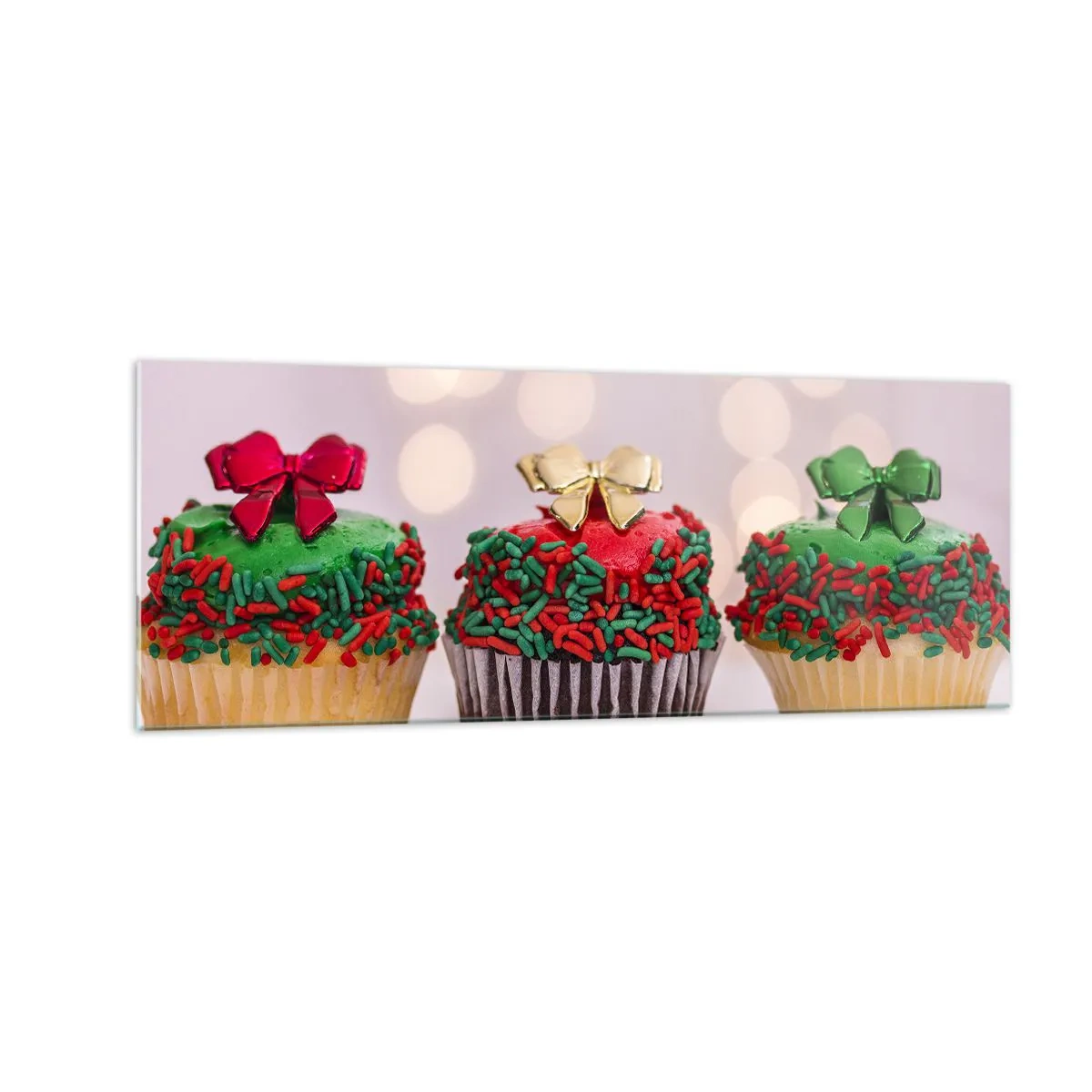 Cuadro sobre vidrio - Impresiones sobre Vidrio - Cupcakes navideños con chispas de colores y lazos. - 140x50cm - Dulzura hasta el lazo - Decoración de pared moderna para salón y dormitorio ARTTOR