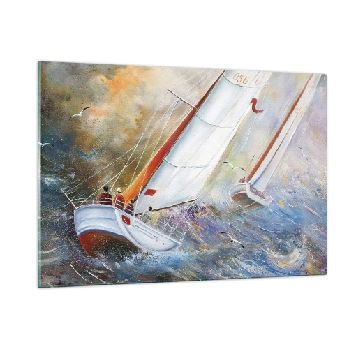 Cuadro sobre vidrio - Impresiones sobre Vidrio - Veleros en mares agitados durante una regata - 120x80cm - Surcando las olas - Decoración de pared moderna para salón y dormitorio ARTTOR
