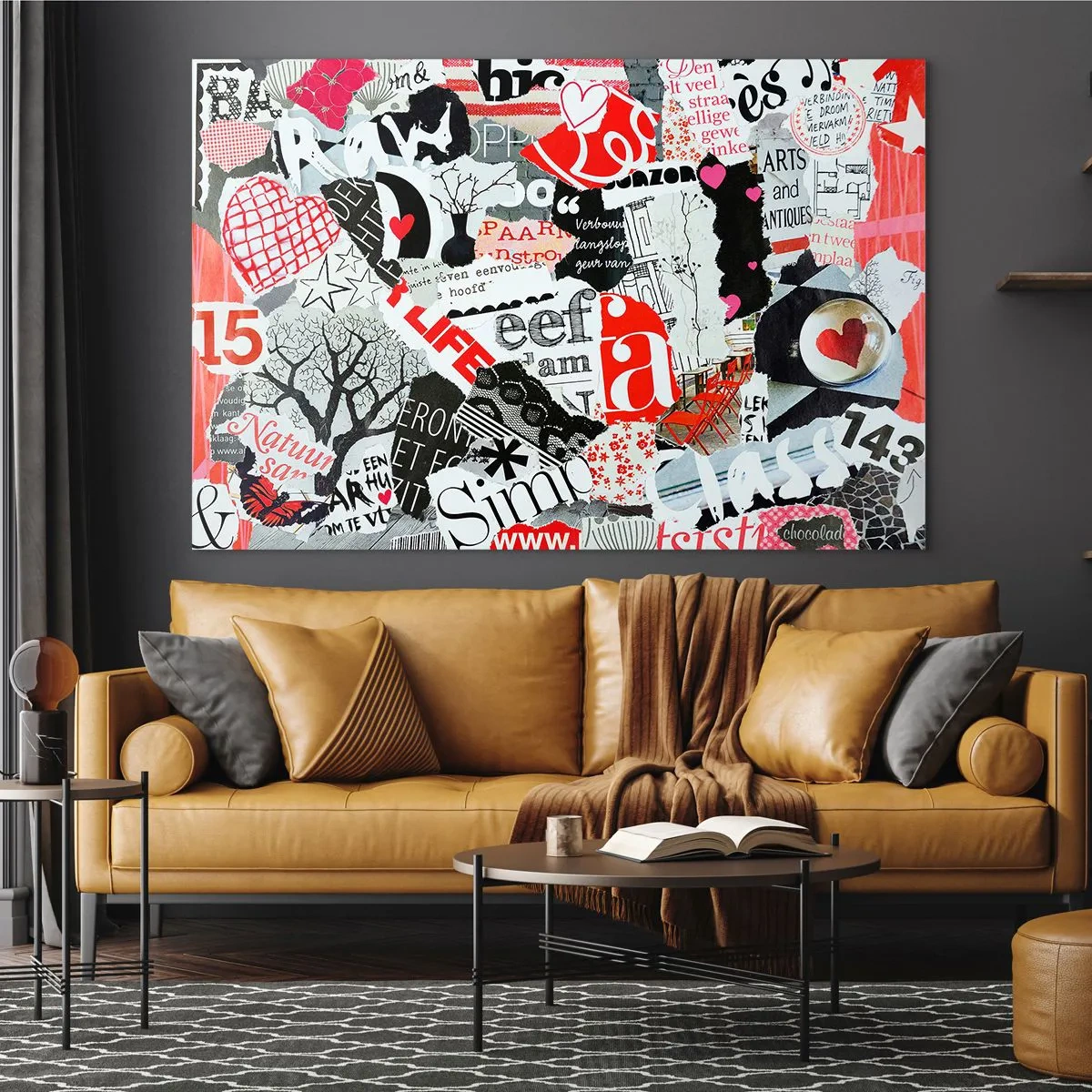 Cuadro sobre vidrio - Impresiones sobre Vidrio - Un collage de letras, corazones y árboles en un estilo artístico. - 70x50cm - Collage hipster - Decoración de pared moderna para salón y dormitorio ARTTOR