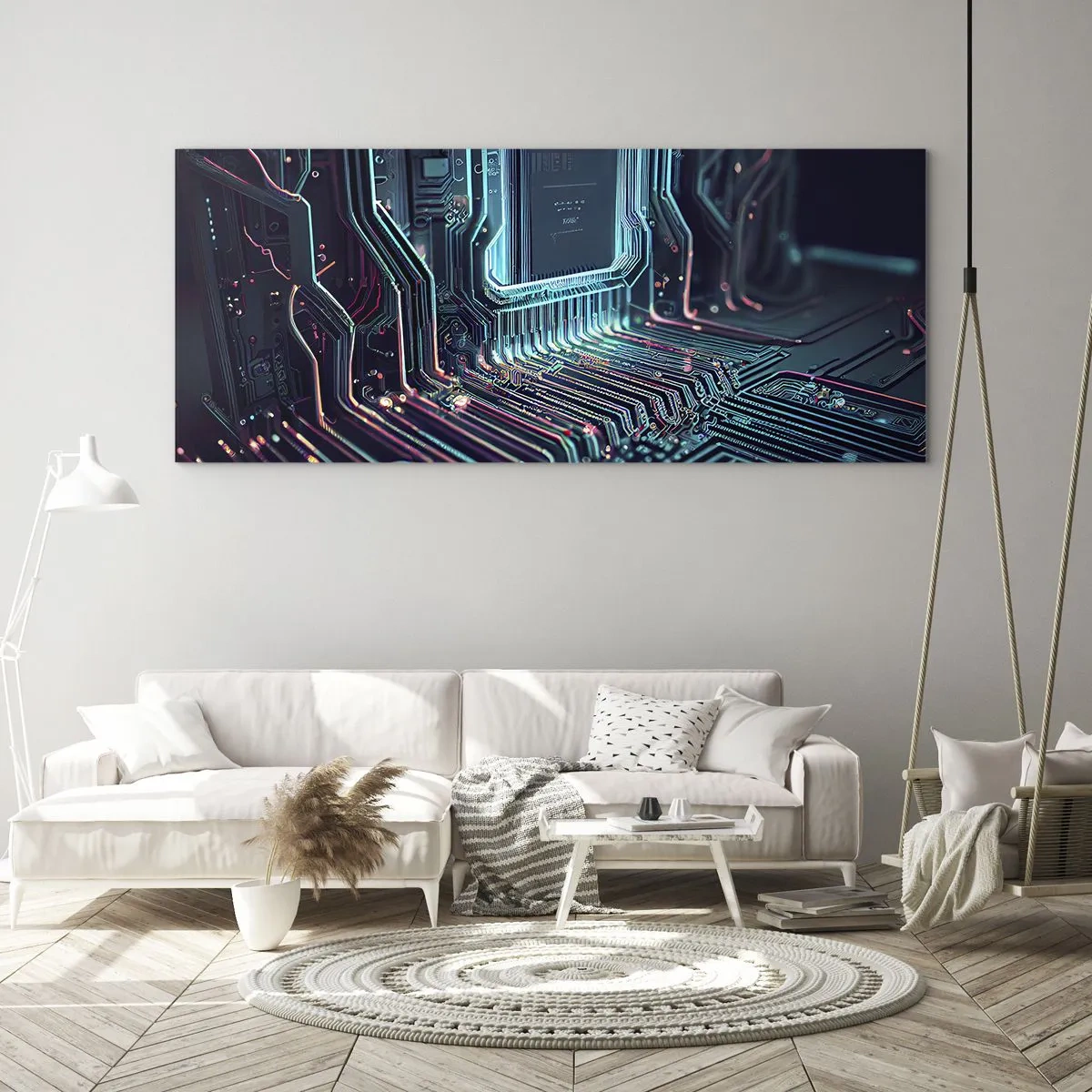 Cuadro sobre vidrio - Impresiones sobre Vidrio - Placa de circuito impreso tecnológico con pistas iluminadas - 160x50cm - Mi forma de pensar - Decoración de pared moderna para salón y dormitorio ARTTOR