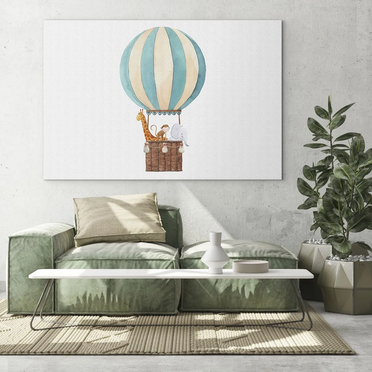 Cuadro sobre vidrio - Impresiones sobre Vidrio - Un globo con una jirafa, un mono y un elefante sobre un fondo blanco. - 100x70cm - Viaje fantástico - Decoración de pared moderna para salón y dormitorio ARTTOR