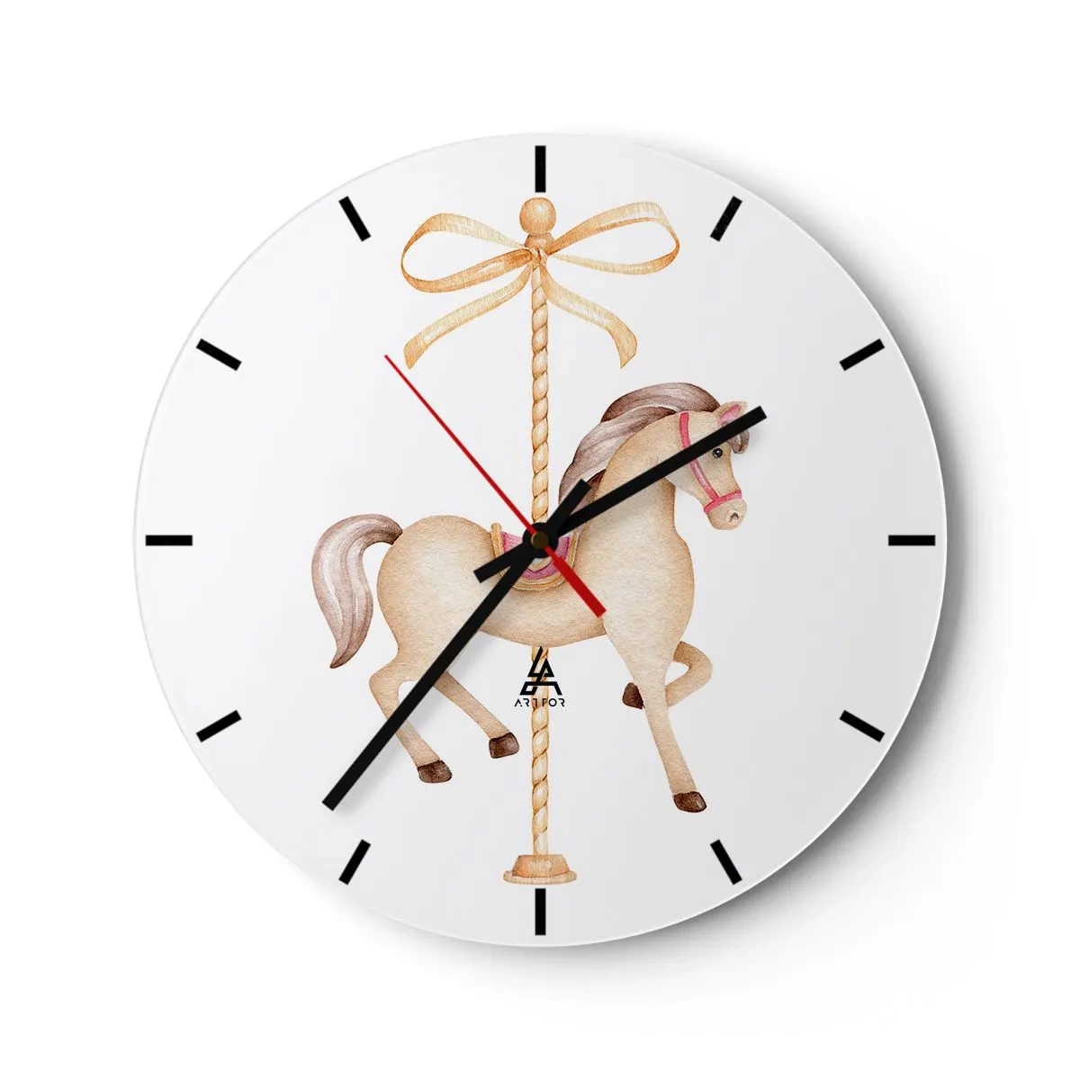 Reloj de pared - Reloj de vidrio - Un caballo de carrusel de color marrón claro sobre un fondo con un lazo decorativo. - 30x30cm - Al trote grácil - Decoración de pared moderna para salón, cocina y dormitorio ARTTOR