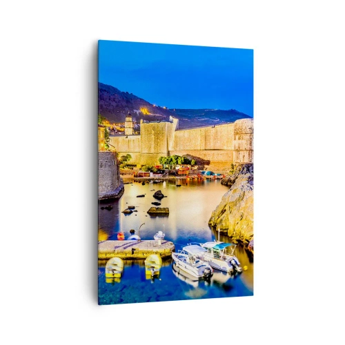 Cuadro sobre lienzo - Impresión de Imagen - Un puerto pintoresco de noche con edificios iluminados. - 80x120cm - Noche iluminada sobre el mar Adriático - Decoración de pared moderna para salón y dormitorio ARTTOR