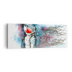 Cuadro sobre lienzo - Impresión de Imagen - Un cosmonauta en una acuarela dinámica con detalles cósmicos. - 140x50cm - A solas con el cosmos - Decoración de pared moderna para salón y dormitorio ARTTOR
