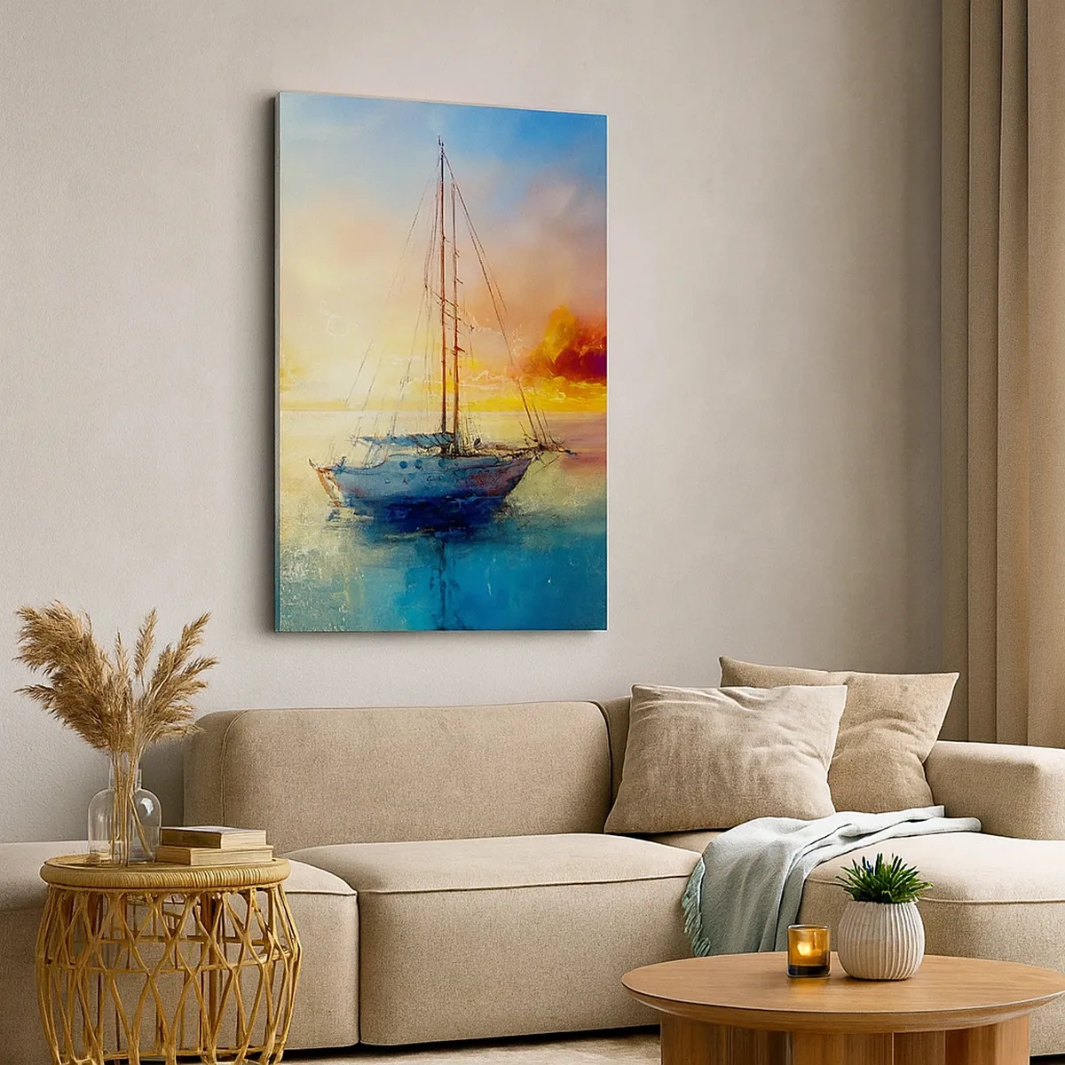 Cuadro sobre lienzo - Impresión de Imagen - Un yate en un mar tranquilo al atardecer. - 50x70cm - En una bahía dorada - Decoración de pared moderna para salón y dormitorio ARTTOR