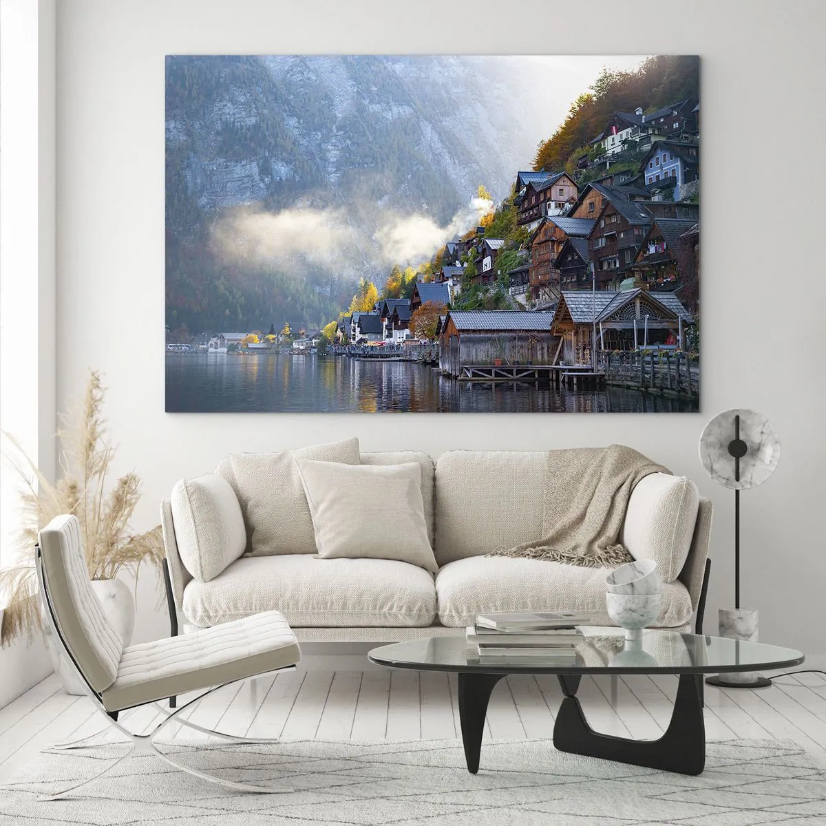 Cuadro sobre vidrio - Impresiones sobre Vidrio - Una mañana de otoño en un pueblo de montaña junto a un lago. - 70x50cm - Ambiente alpino - Decoración de pared moderna para salón y dormitorio ARTTOR