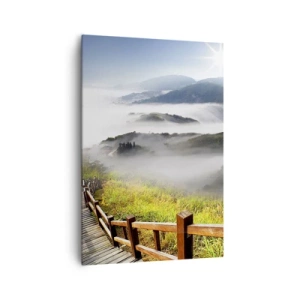 Cuadro sobre lienzo - Impresión de Imagen - Un sendero de madera entre las montañas brumosas por la mañana. - 70x100cm - Tejido de resplandor y niebla - Decoración de pared moderna para salón y dormitorio ARTTOR