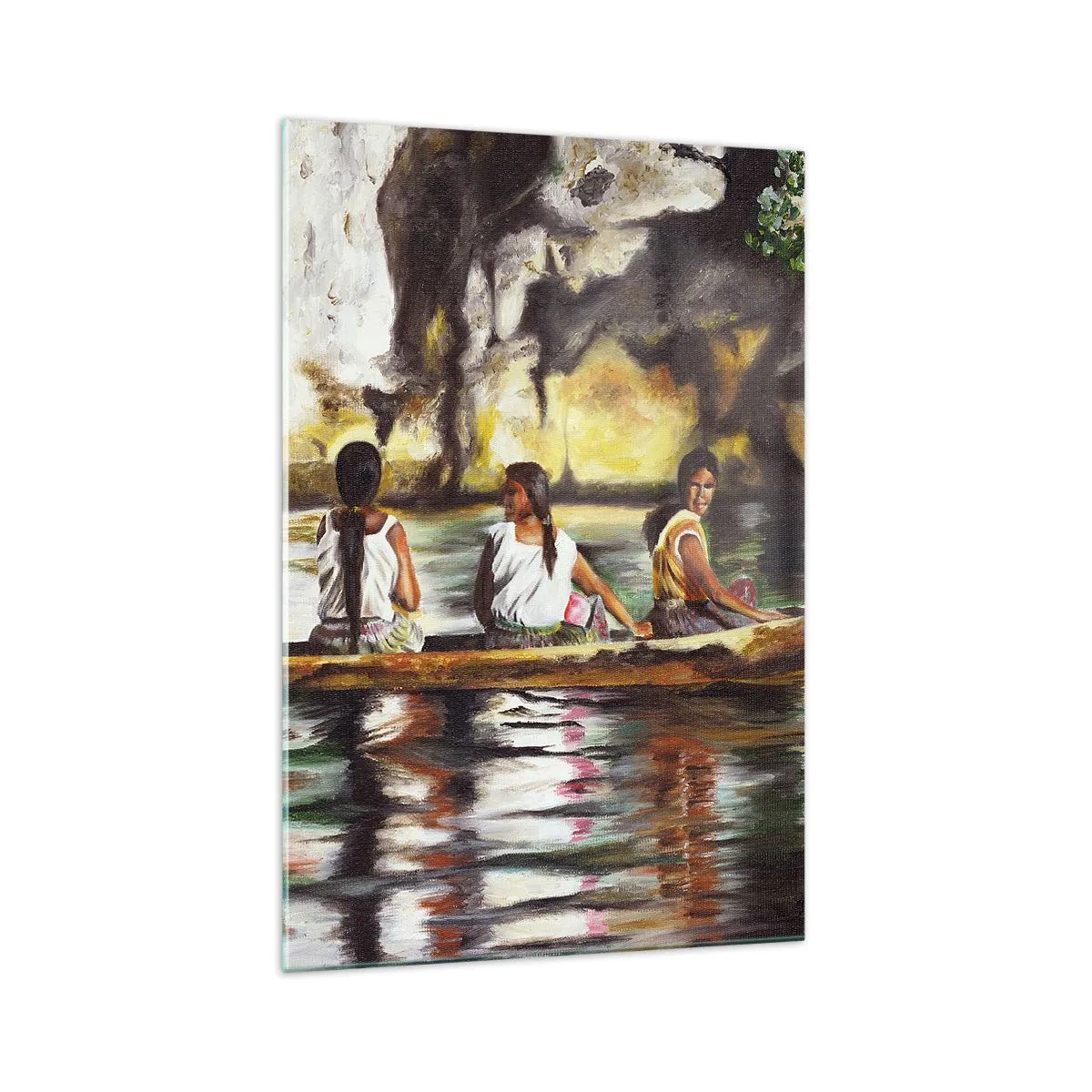 Cuadro sobre vidrio - Impresiones sobre Vidrio - Mujeres en un bote en un río tranquilo con un fondo pintoresco - 70x100cm - En un paraíso polinesio - Decoración de pared moderna para salón y dormitorio ARTTOR