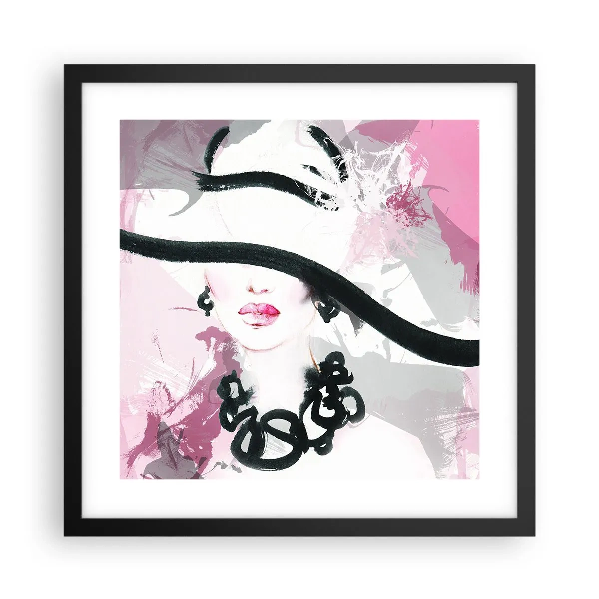 Póster en marco negro - Retrato de una dama en negro y rosa - 40x40 cm