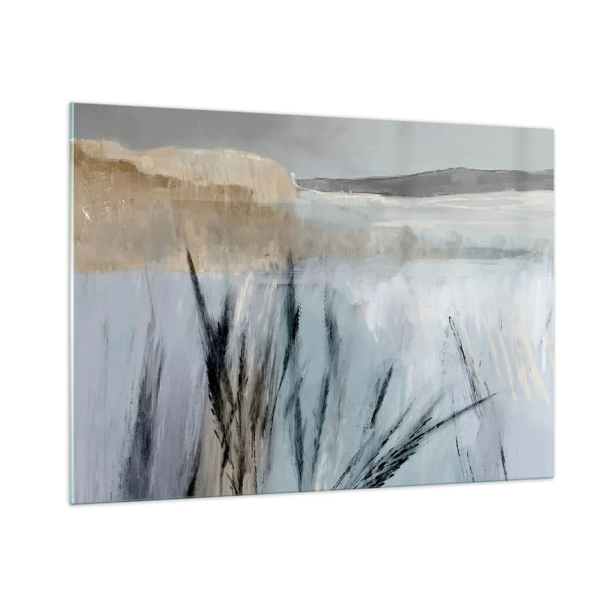 Cuadro sobre vidrio - Impresiones sobre Vidrio - Paisaje invernal con hierbas sobre el fondo de campos cubiertos de nieve. - 100x70cm - Campos de invierno - Decoración de pared moderna para salón y dormitorio ARTTOR