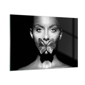 Cuadro sobre vidrio - Impresiones sobre Vidrio - Retrato de una mujer con una mariposa en los labios en blanco y negro - 100x70cm - Beso de mariposa - Decoración de pared moderna para salón y dormitorio ARTTOR