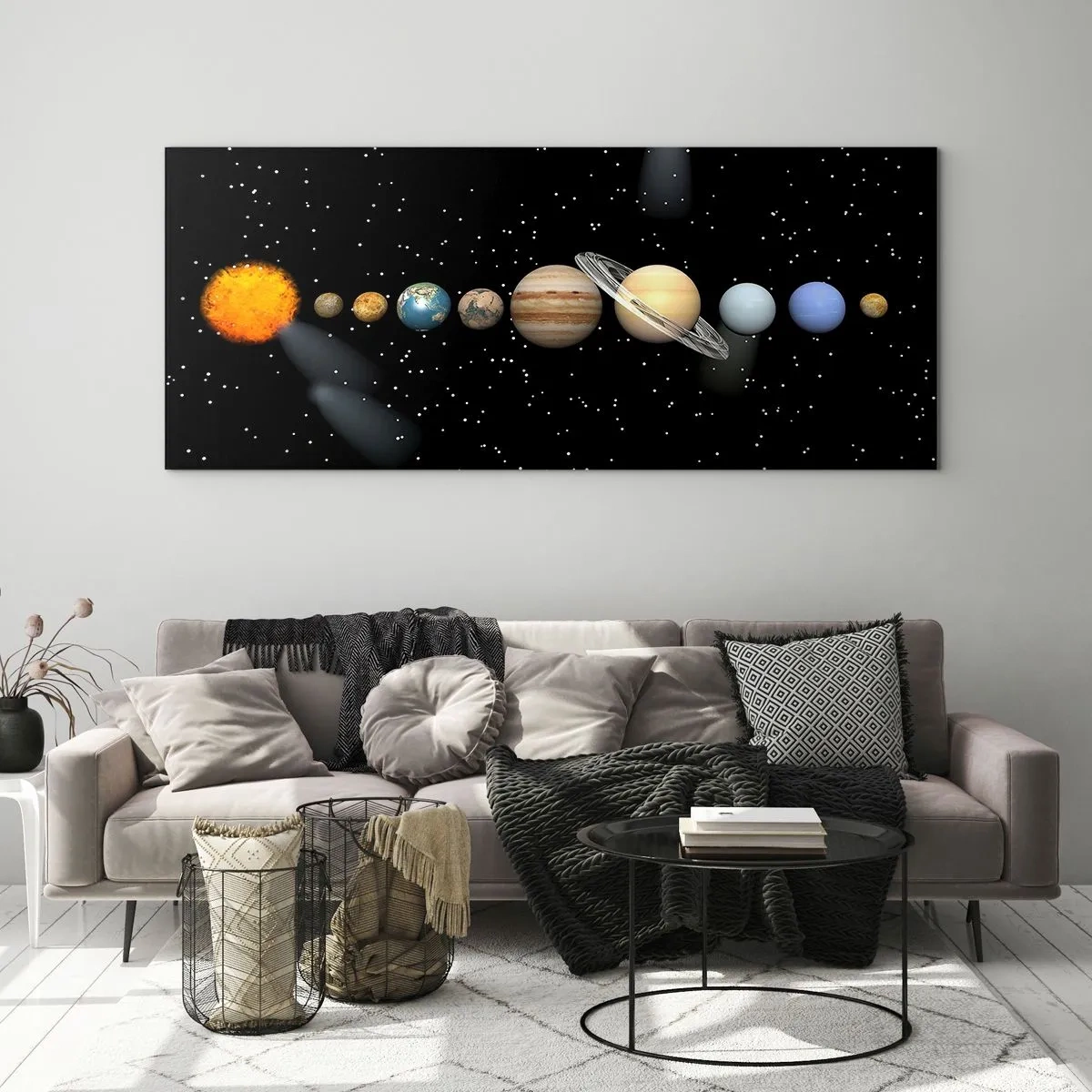 Cuadro sobre vidrio - Impresiones sobre Vidrio - El sistema solar con planetas sobre un fondo de estrellas en el espacio. - 120x50cm - Los planetas en armonía - Decoración de pared moderna para salón y dormitorio ARTTOR