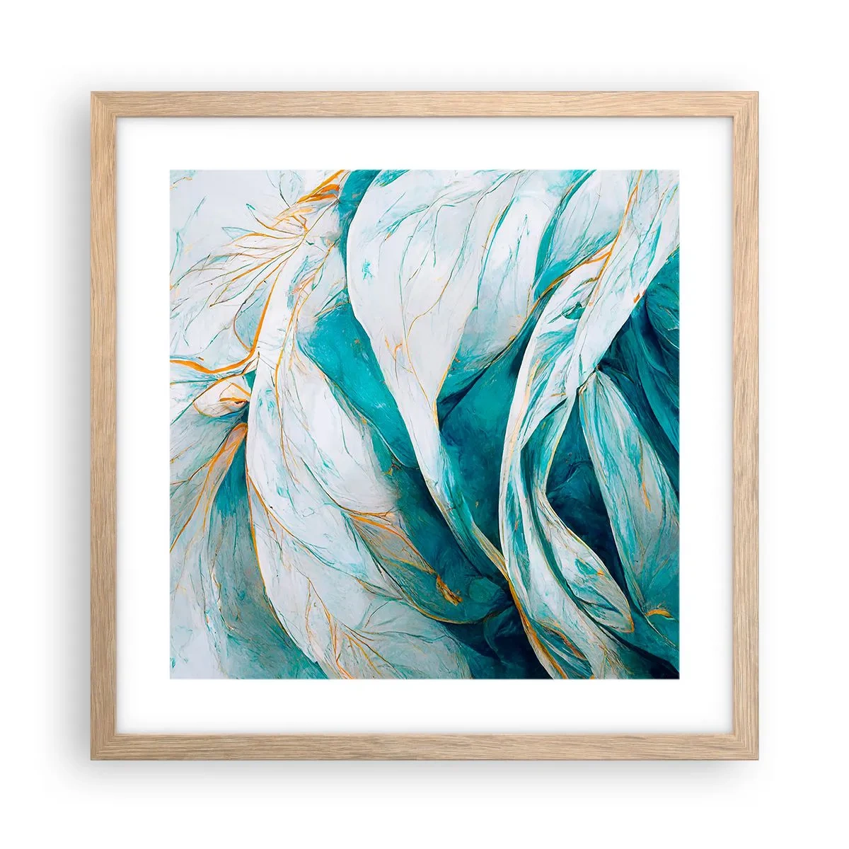 Póster en marco roble claro - Abstracción azul con motivos dorados - 40x40 cm