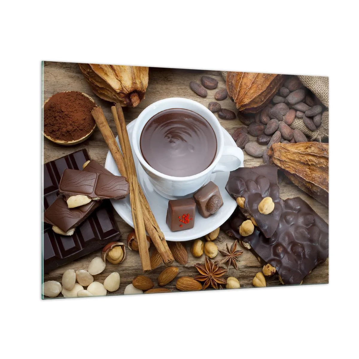 Cuadro sobre vidrio - Impresiones sobre Vidrio - Una taza de chocolate caliente con aderezos sobre un fondo rústico. - 100x70cm - Chocolate de ensueño - Decoración de pared moderna para salón y dormitorio ARTTOR