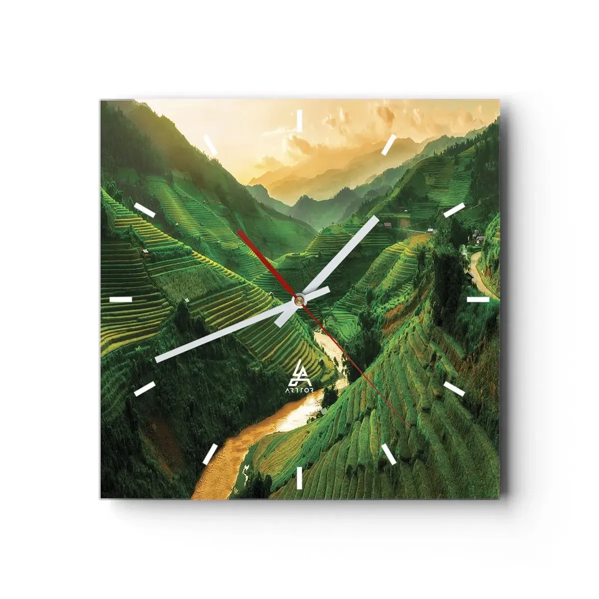 Reloj de pared - Reloj de vidrio - Pintorescas terrazas de arroz en un valle verde iluminado por el sol poniente - 30x30cm - Valle vietnamita - Decoración de pared moderna para salón y dormitorio ARTTOR