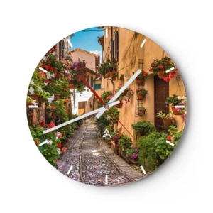 Reloj de pared - Reloj de vidrio - Un pintoresco callejón con pavimento de piedra y flores. - 30x30cm - Callejón italiano - Decoración de pared moderna para salón, cocina y dormitorio ARTTOR