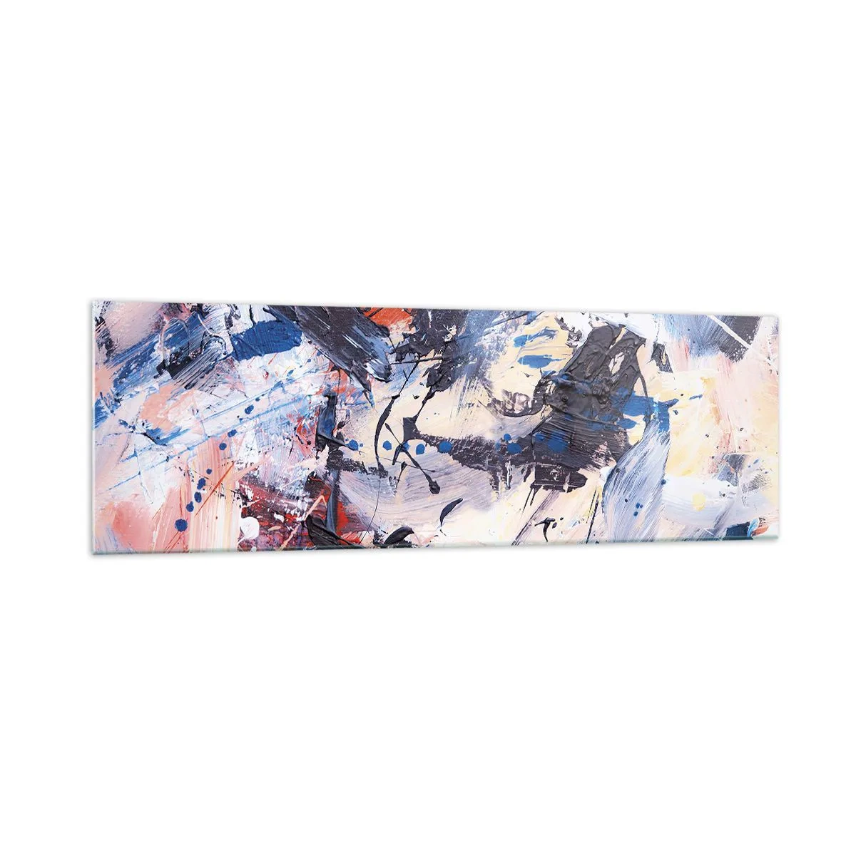 Cuadro sobre vidrio - Impresiones sobre Vidrio - Abstracción con pinceladas dinámicas en azul y rojo. - 160x50cm - Danza loca de la abstracción - Decoración de pared moderna para salón y dormitorio ARTTOR