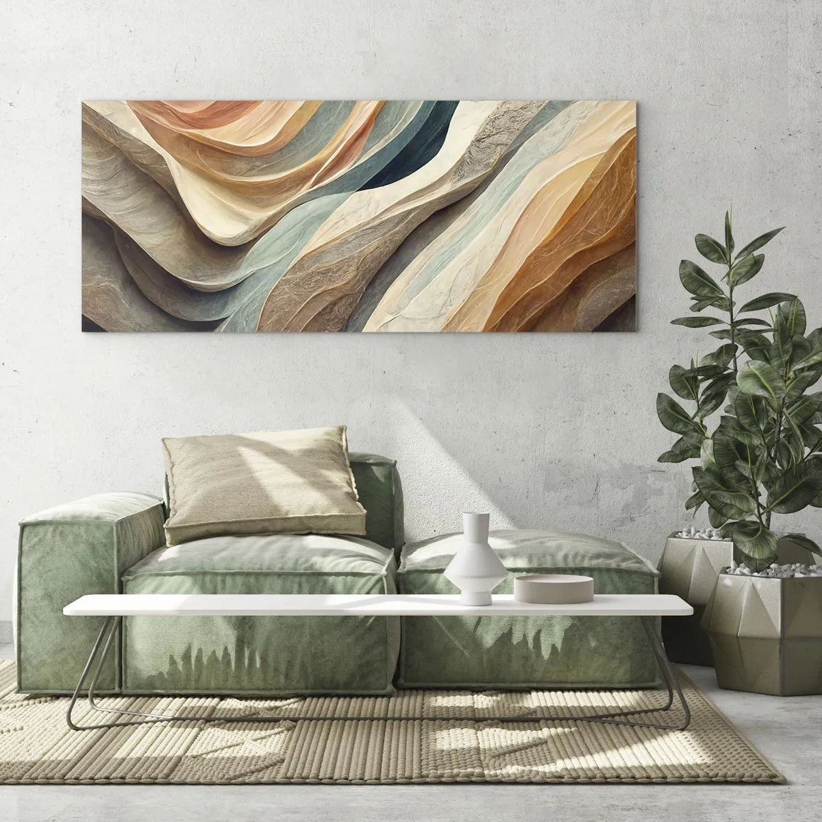 Cuadro sobre vidrio - Impresiones sobre Vidrio - Ondas abstractas en tonos pastel - 160x50cm - Momentos previos al cambio - Decoración de pared moderna para salón y dormitorio ARTTOR