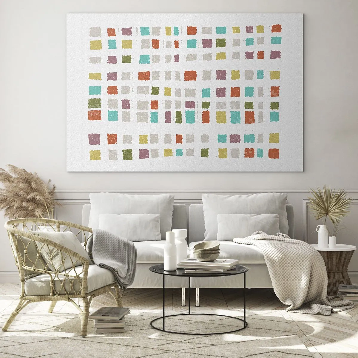 Cuadro sobre vidrio - Impresiones sobre Vidrio - Mosaico colorido de cuadrados sobre un fondo blanco en estilo abstracto. - 70x50cm - Juego desconocido - Decoración de pared moderna para salón y dormitorio ARTTOR