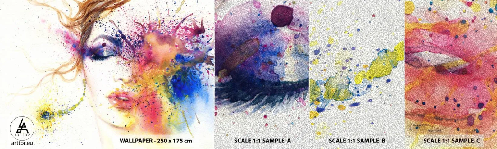 Muestra de fotomural Premium Sand - Vértigo del arco iris - Abstracción, cara de mujer, retrato de una mujer - 100x30 cm