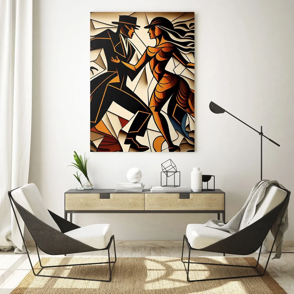 Cuadro sobre vidrio - Impresiones sobre Vidrio - Una pareja estilizada bailando en una forma abstracta dinámica. - 50x70cm - Danza de pasión - Decoración de pared moderna para salón y dormitorio ARTTOR