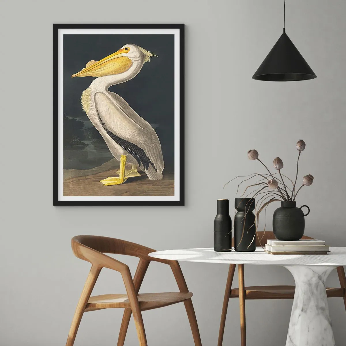 Póster en marco negro - Pelícano en una ilustración clásica sobre un fondo oscuro - 50x70cm - Con orgullo - Decoración de pared moderna para salón y dormitorio ARTTOR