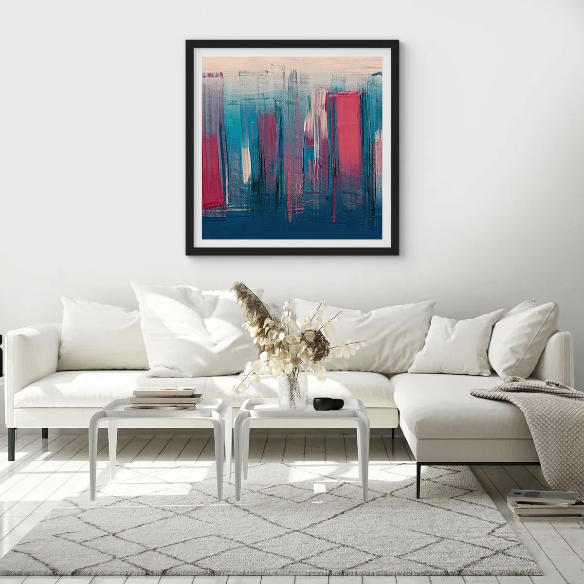 Póster en marco negro - Composición vertical en azul y rojo - 30x30 cm