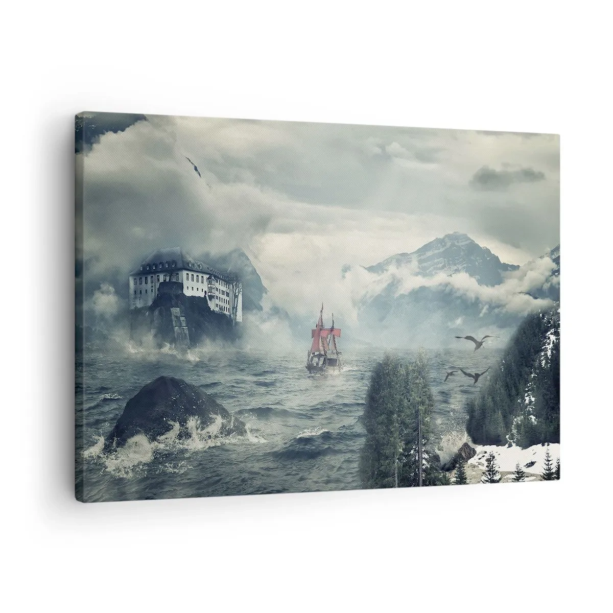 Cuadro sobre lienzo - Impresión de Imagen - Un paisaje misterioso con un castillo, montañas y un barco. - 70x50cm - En aguas mágicas - Decoración de pared moderna para salón y dormitorio ARTTOR