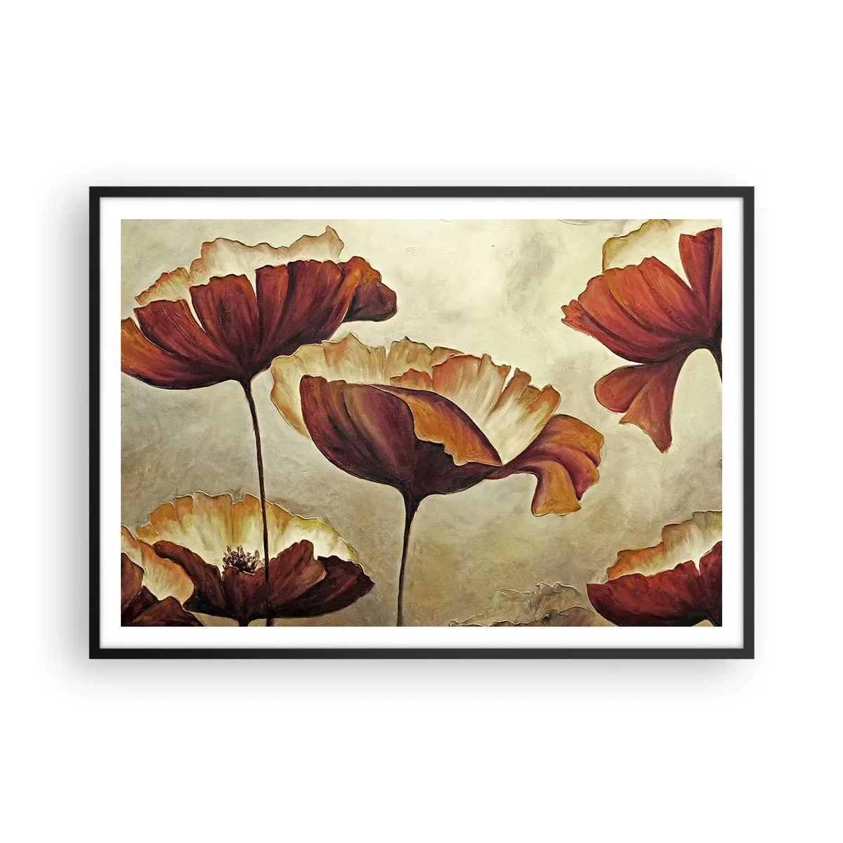 Póster en marco negro - Flores sutiles en tonos rojos y dorados sobre un fondo claro. - 100x70cm - Prado de prados - Decoración de pared moderna para salón y dormitorio ARTTOR